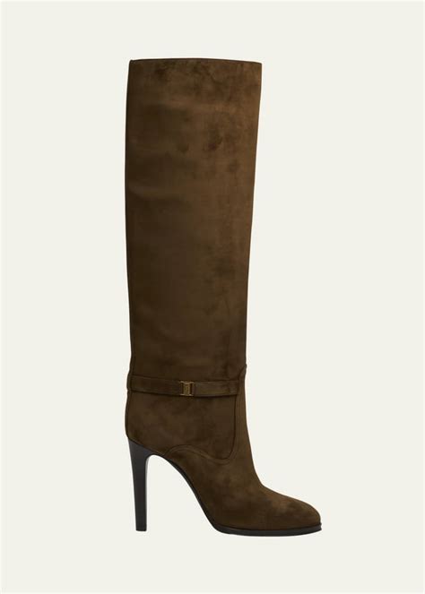 Saint Laurent Diane Suede YSL Buckle Knee Boots